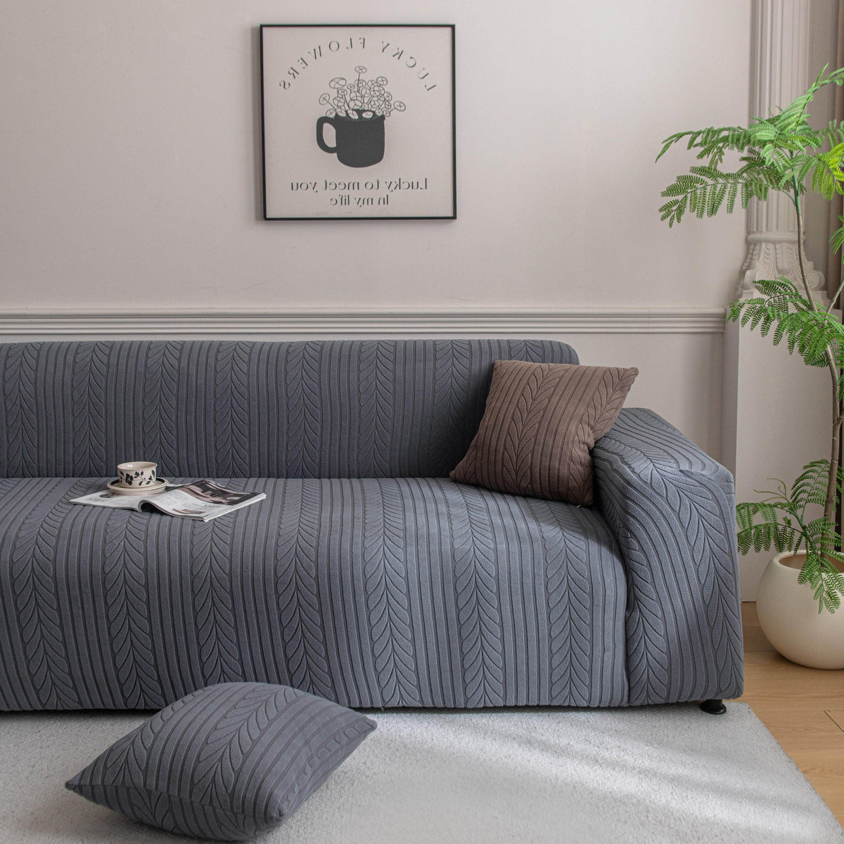 Plush Fleece Sofa Slipcover with 3D Wheat Pattern, Cozy High-Stretch Couch Cover