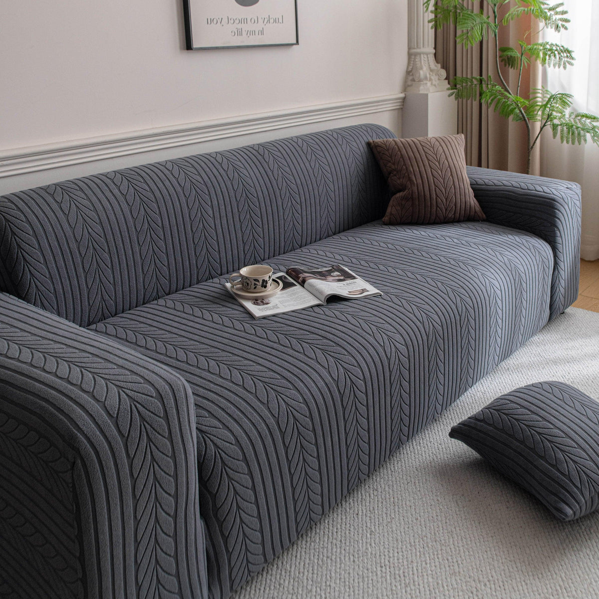 Plush Fleece Sofa Slipcover with 3D Wheat Pattern, Cozy High-Stretch Couch Cover