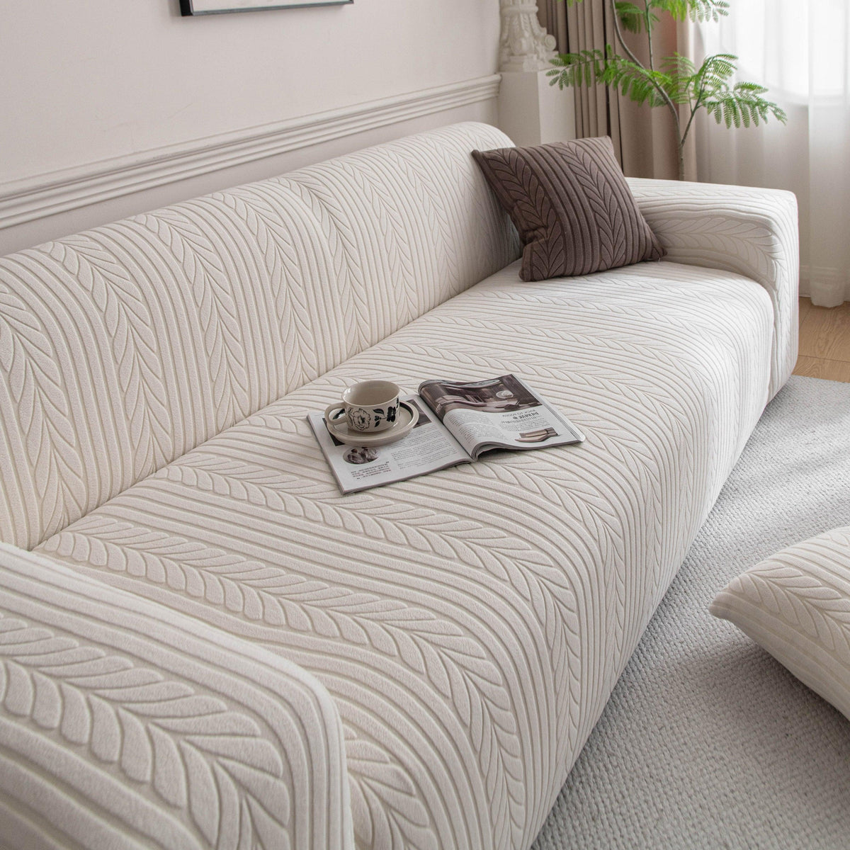 Plush Fleece Sofa Slipcover with 3D Wheat Pattern, Cozy High-Stretch Couch Cover