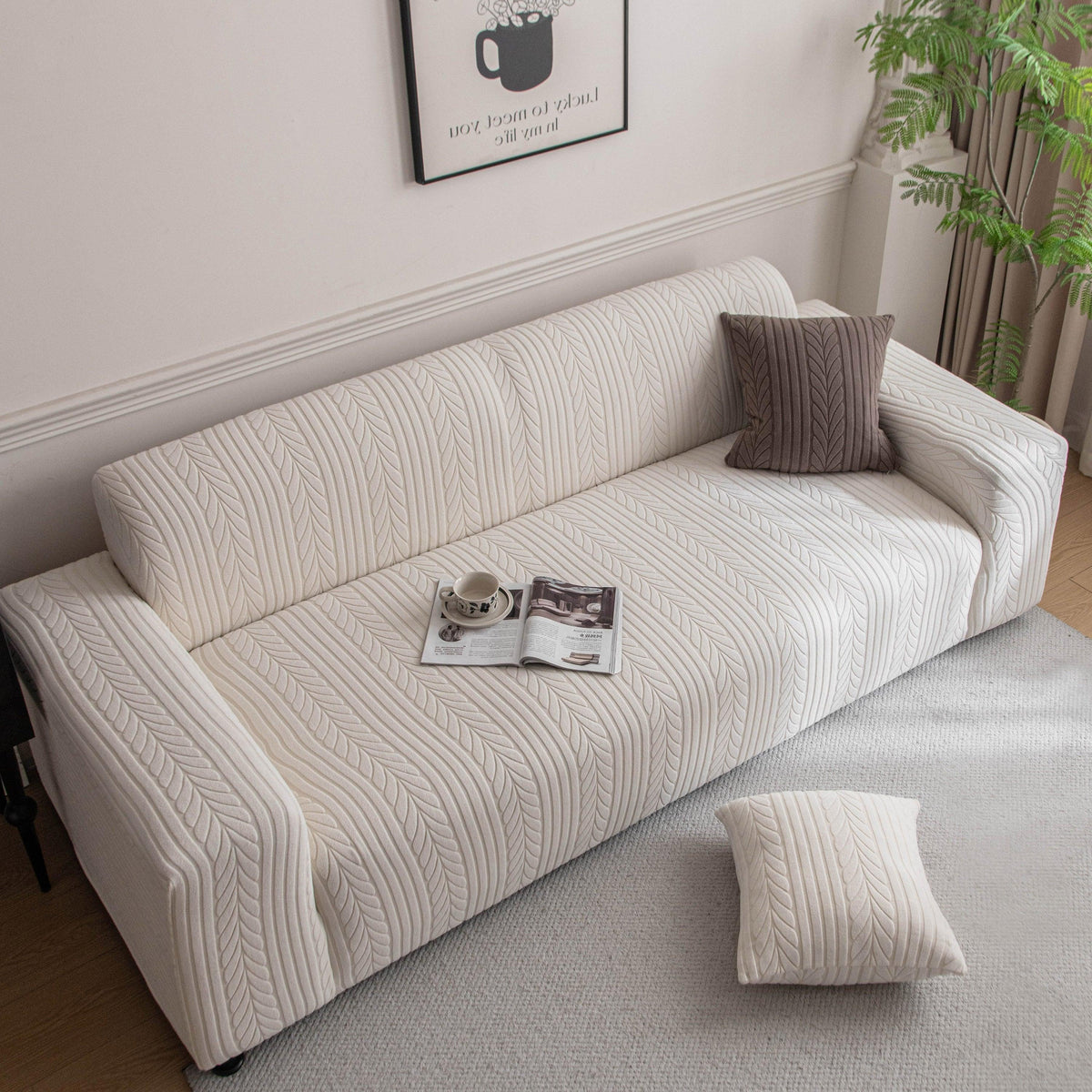 Plush Fleece Sofa Slipcover with 3D Wheat Pattern, Cozy High-Stretch Couch Cover