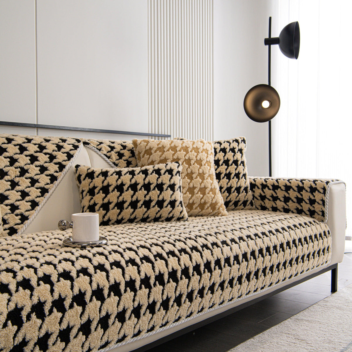 Winter Thickened Sherpa Fleece Houndstooth Sofa Cushion, Non-slip Sofa Cover with Plush