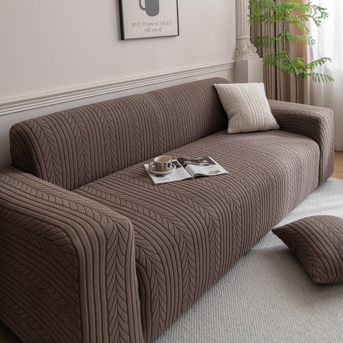 Plush Fleece Sofa Slipcover with 3D Wheat Pattern, Cozy High-Stretch Couch Cover