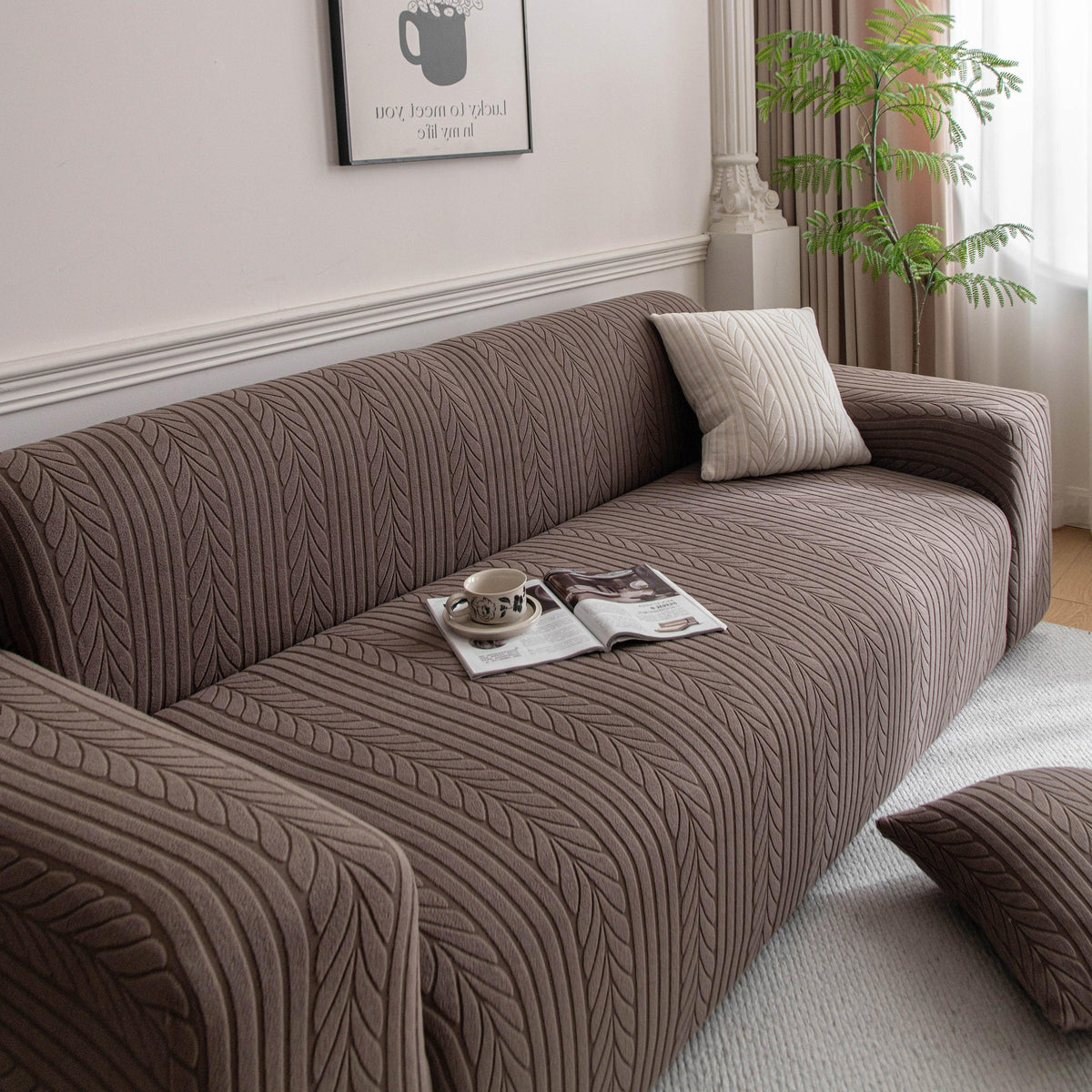 Plush Fleece Sofa Slipcover with 3D Wheat Pattern, Cozy High-Stretch Couch Cover