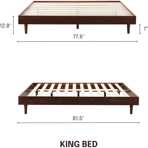 King size Mid-Century Modern Platform Bed Frame in Dark Brown Wood Finish