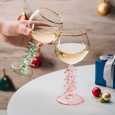 Crystal Christmas Holiday Tree Stemmed Wine Glass - Pink & Green - 12oz Goblet Bordeaux Gold Rim Colored Glassware, Cheerful Party Festive New Years Cheer for Holiday Gift Xmas & Winter Season