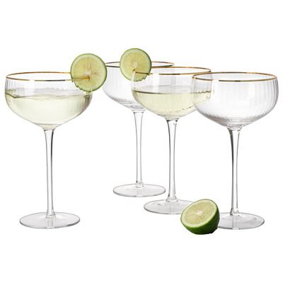 Gold Rim Glasses 7 oz, Set of 4 Gold Rim Classic Manhattan Glasses For Martini, Cocktails, Champagne, Wine - The Wine Savant (Ribbed)