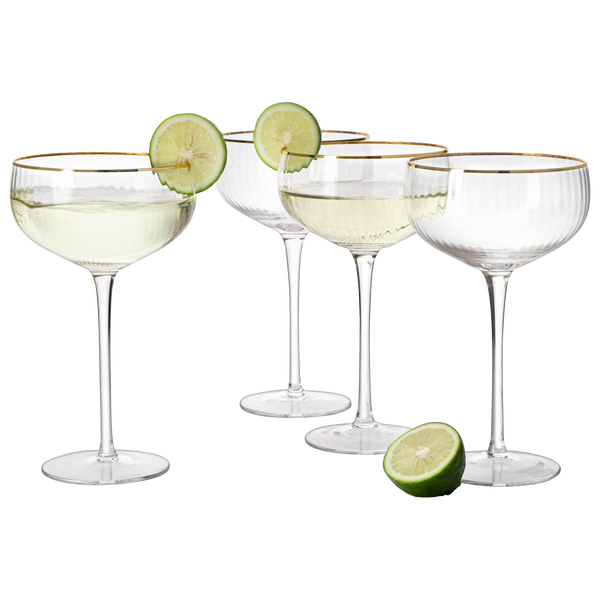 Gold Rim Glasses 7 oz, Set of 4 Gold Rim Classic Manhattan Glasses For Martini, Cocktails, Champagne, Wine - The Wine Savant (Ribbed)