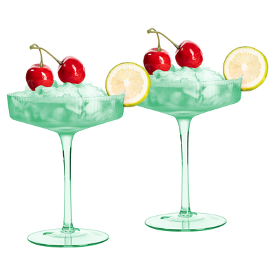 Ribbed Coupe Cocktail Glasses 8 oz | Set of 2 | Classic Manhattan Glasses For Cocktails, Champagne Coupe, Ripple Coupe Glasses, Art Deco Gatsby Vintage, Crystal with Stems (Green, Set of 2)