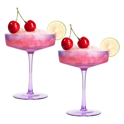 Ribbed Coupe Cocktail Glasses 8 oz | Set of 2 | Classic Manhattan Glasses For Cocktails, Champagne Coupe, Ripple Coupe Glasses, Art Deco Gatsby Vintage, Crystal with Stems (Lavender, Set of 2)