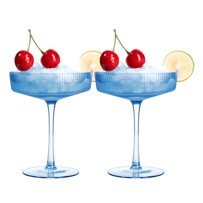Ribbed Coupe Cocktail Glasses 8 oz | Set of 2 | Classic Manhattan Glasses For Cocktails, Champagne Coupe, Ripple Coupe Glasses, Art Deco Gatsby Vintage, Crystal with Stems (Blue, Set of 2)