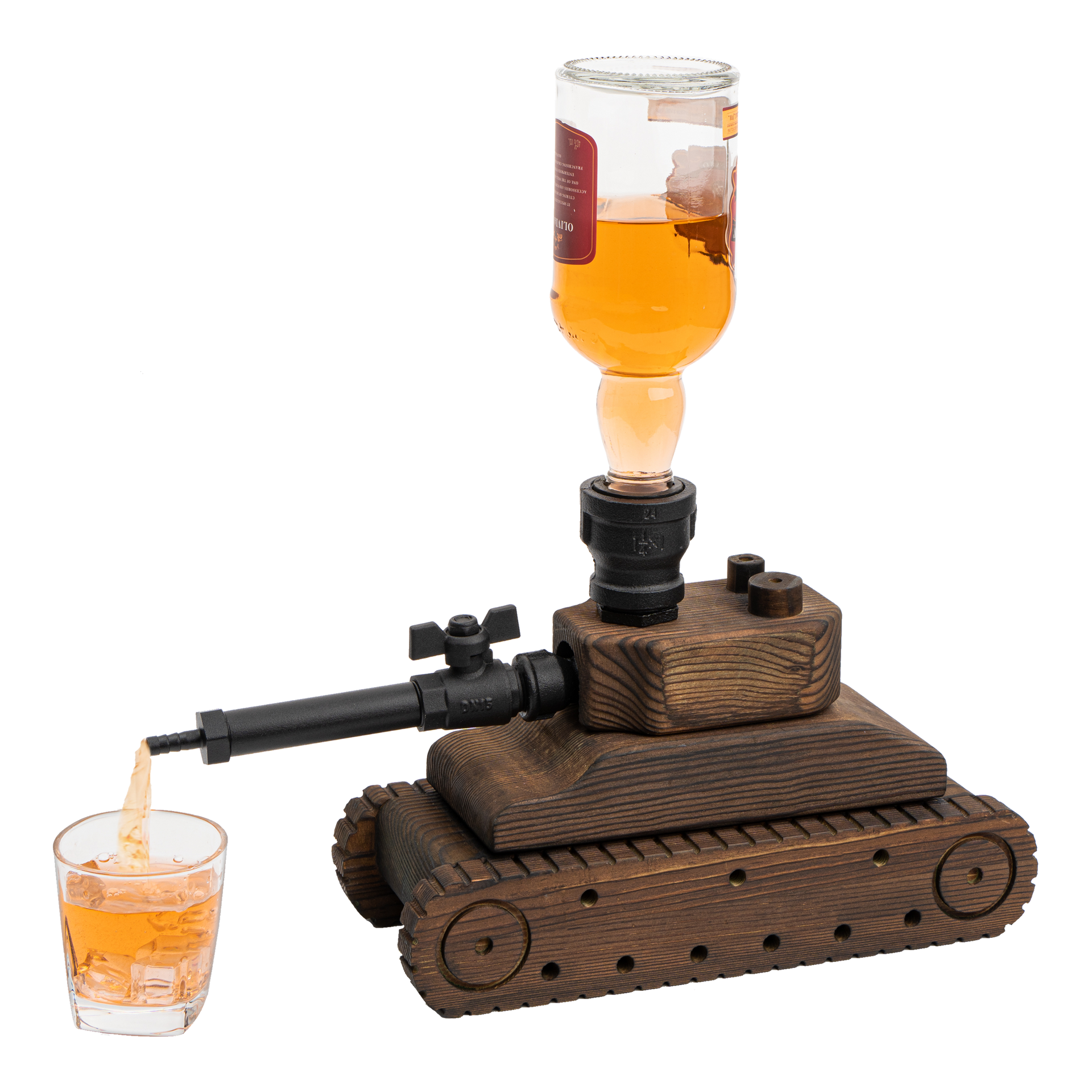 Tank Handcrafted Liquor Dispenser - The Wine Savant - Industrial Pipe Mahogany Wood Whiskey Decanter - Bar Accessories For Home Gifts for Him, Veteran's Day, Military Appreciation, Home Bar Gift