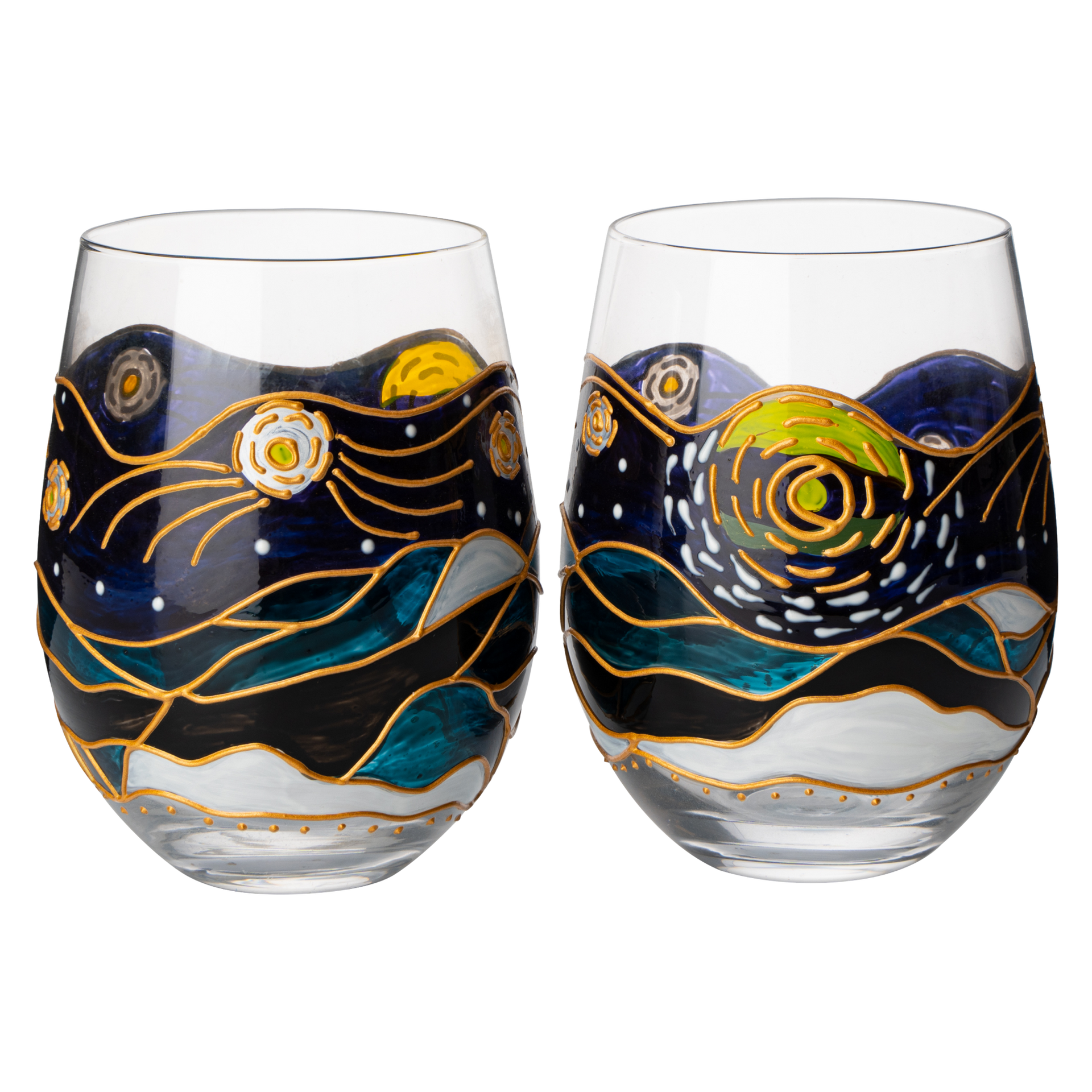 Two stemless wine glasses with artistic designs on a white background