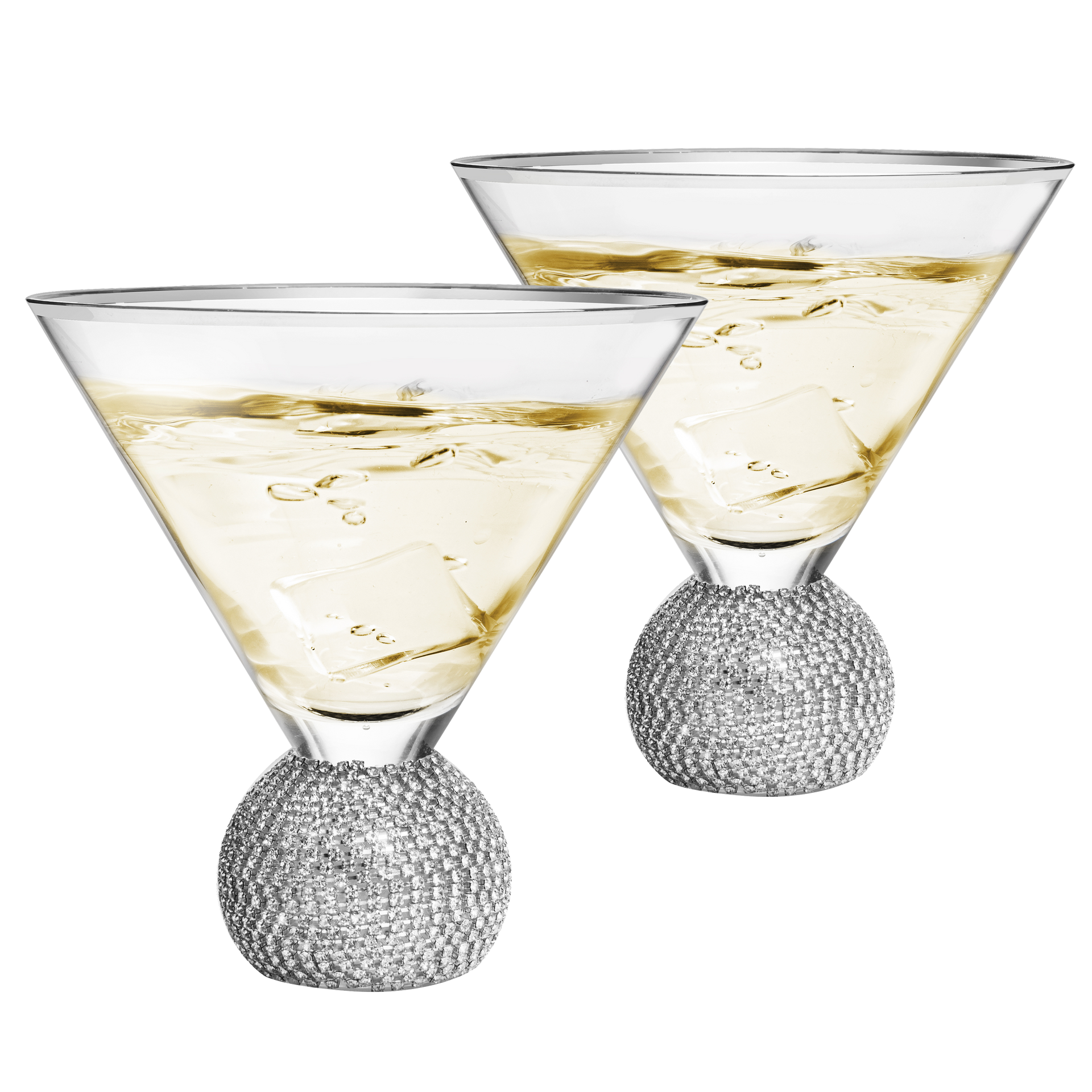 Diamond Studded Martini Glasses Set of 2 - The Wine Savant - Silver Rimmed Modern Cocktail Glass, Rhinestone Diamonds With Stemless Crystal Ball Base, Bar or Party 10.5oz, Swarovski Style Crystals