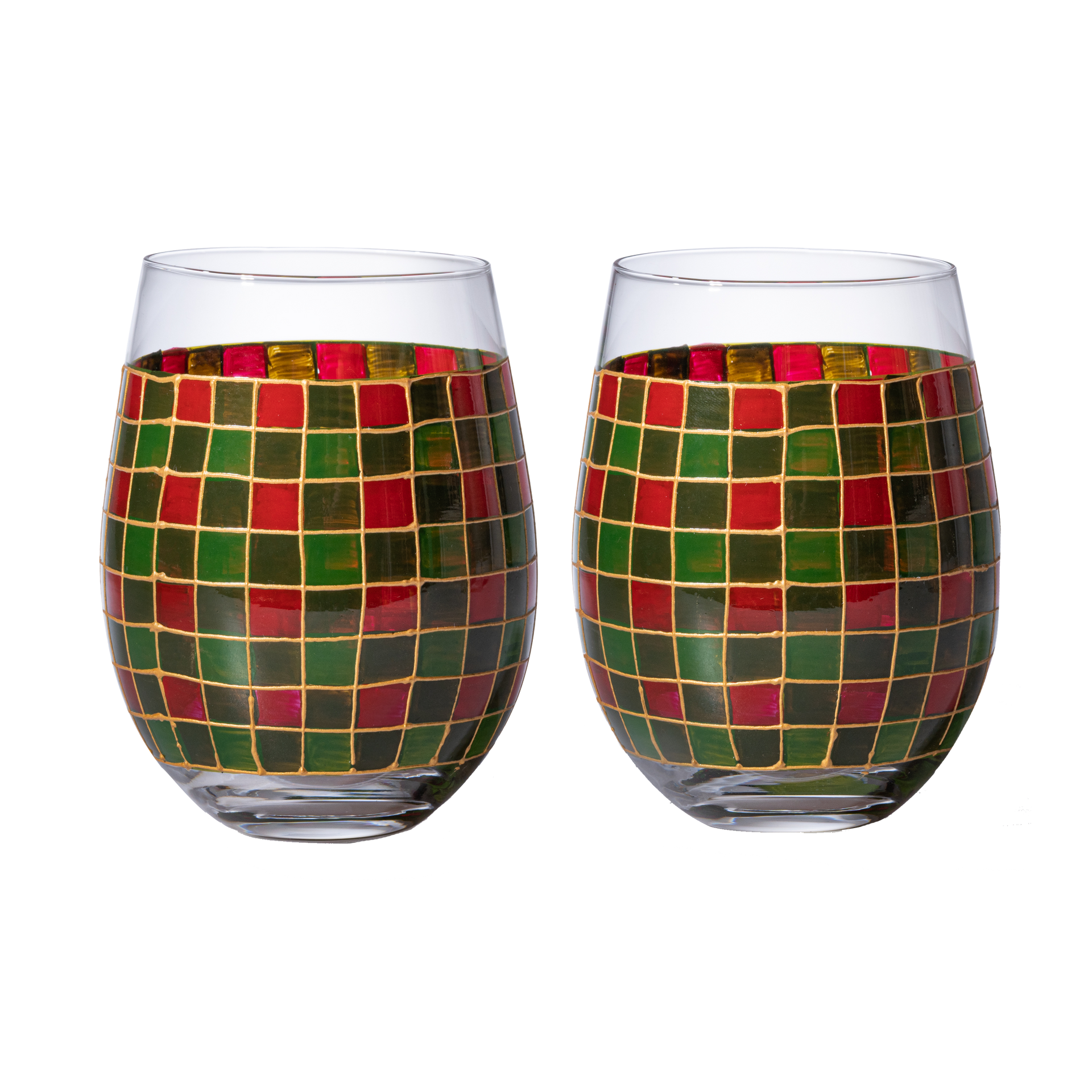 The Wine Savant Crystal New Years Artisanal Hand Painted Stemless Glasses Set of 2 - Rennesance Romantic Stain-glassed Windows - Festive Holiday Perfect for Holidays Parties, Gifts for Him & Her