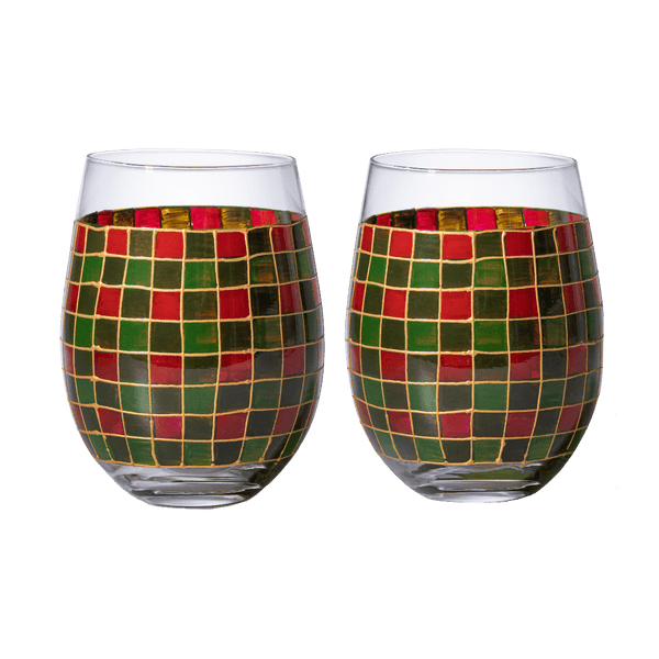 Two glass tumblers with mosaic pattern on a white background