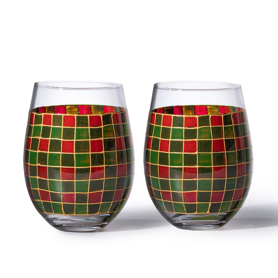 The Wine Savant Crystal New Years Artisanal Hand Painted Stemless Glasses Set of 2 - Rennesance Romantic Stain-glassed Windows - Festive Holiday Perfect for Holidays Parties, Gifts for Him & Her