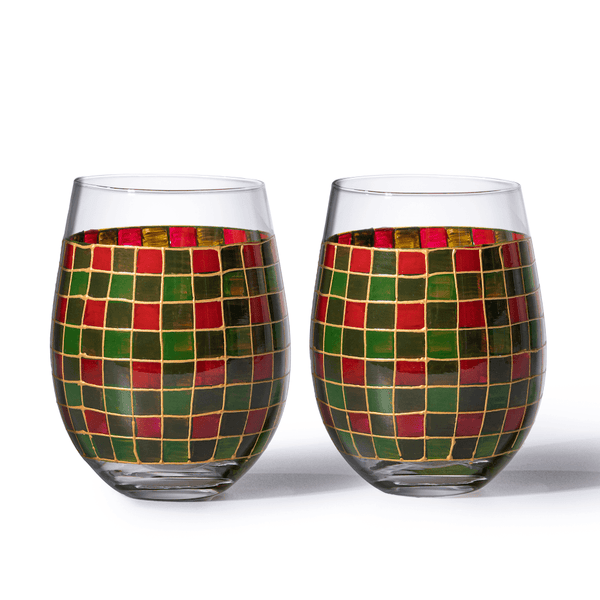 The Wine Savant Crystal New Years Artisanal Hand Painted Stemless Glasses Set of 2 - Rennesance Romantic Stain-glassed Windows - Festive Holiday Perfect for Holidays Parties, Gifts for Him & Her