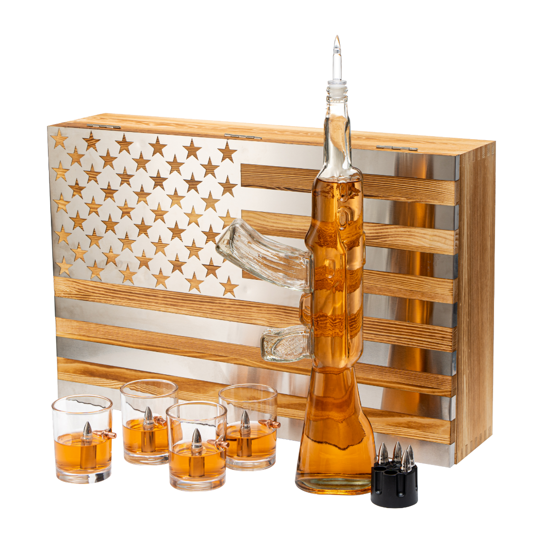 Alcohol gift set with American flag design, bottle, glasses, and accessories on a white background