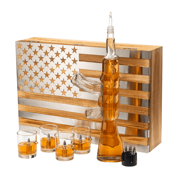 Alcohol gift set with American flag design, bottle, glasses, and accessories on a white background