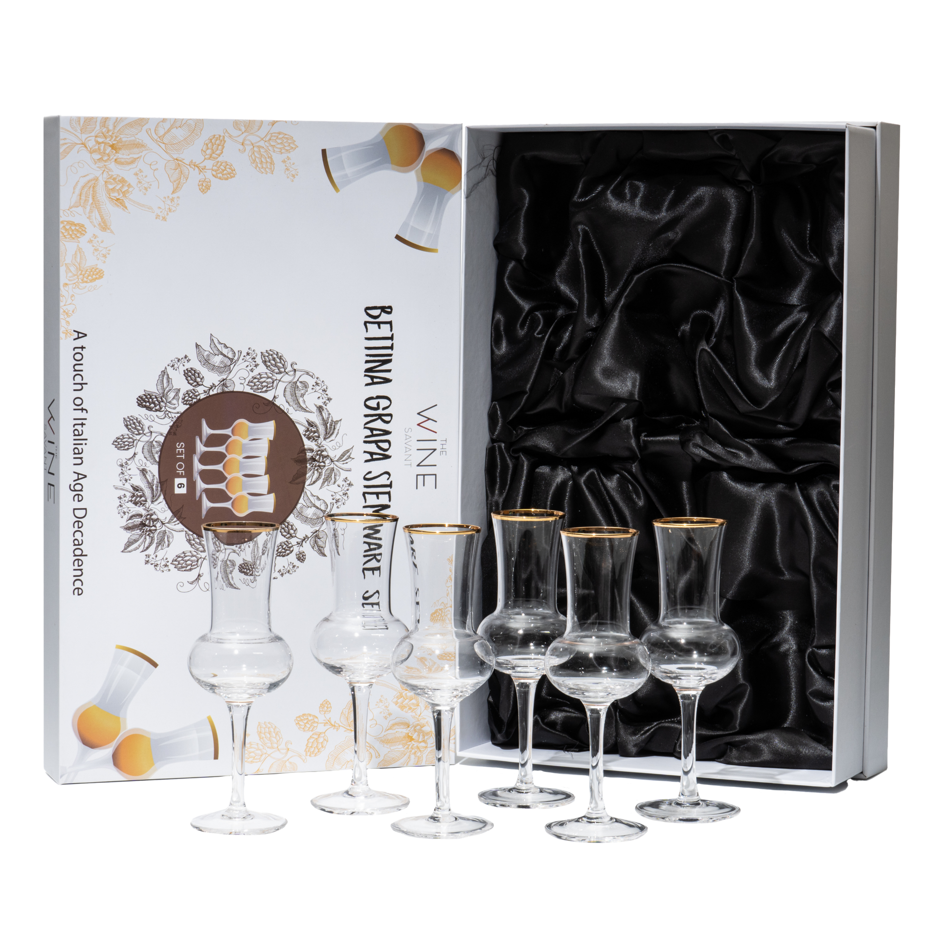 Set of wine glasses with a branded box on a white background