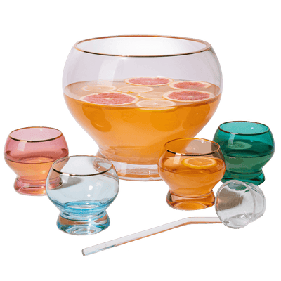 Colorful 1.7 Gallon Punch Bowl with 4 10oz Glasses Set with Ladle Gift For Mothers Day, Her, Wife, Mom, Friend - Colored Set Margarita, Cocktails, Juice, Punch Drink bowl for Parties, Weddings