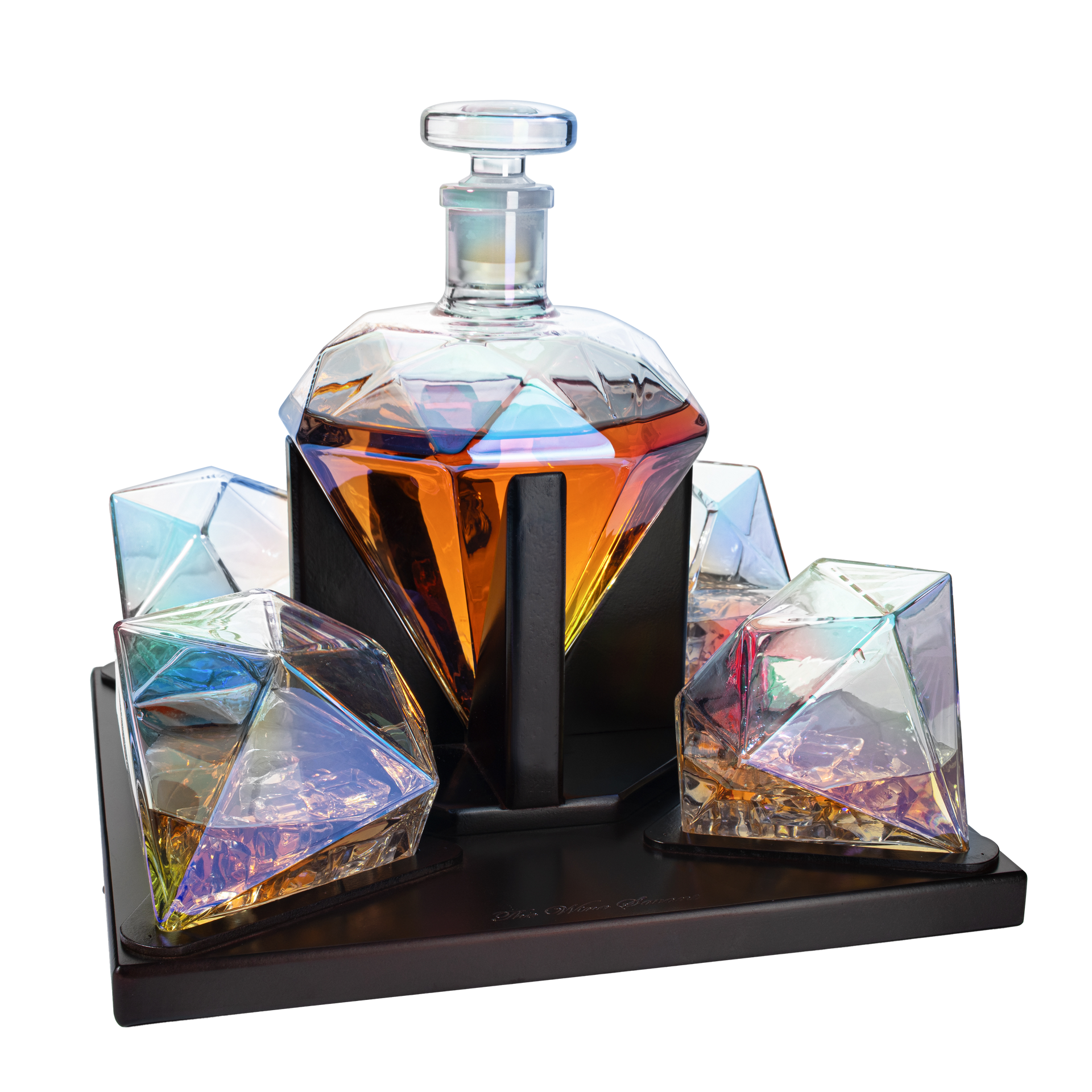 Diamond Iridescent Whiskey and Wine Decanter, Great Gift! 750ml With 4 Diamond Glasses and Beautiful Mahogany Wooden Holder Liquor, Scotch, Rum, Bourbon, Vodka, Tequila Decanter