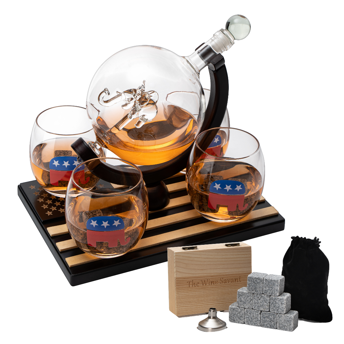 Whiskey decanter set with glasses and accessories on a white background