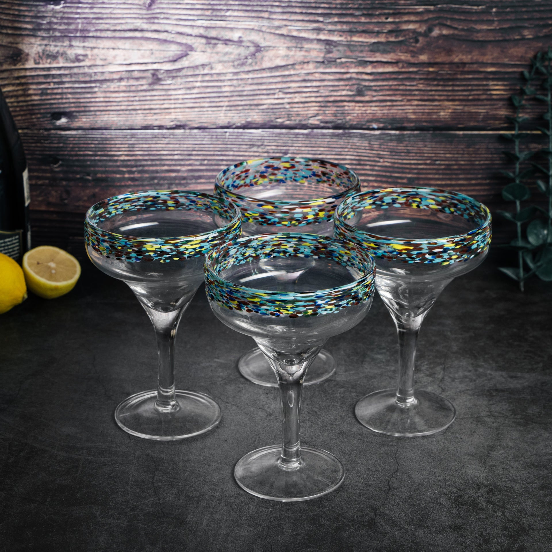 The Wine Savant Mexican Margarita Hand Blown Glass - Set of 4 - Large 16oz, Luxury Margarita Glasses, Mexico Design Large 16oz Confetti Rim Carmen Cinco de Mayo, Dishwasher Safe, Confetti Rock Decor