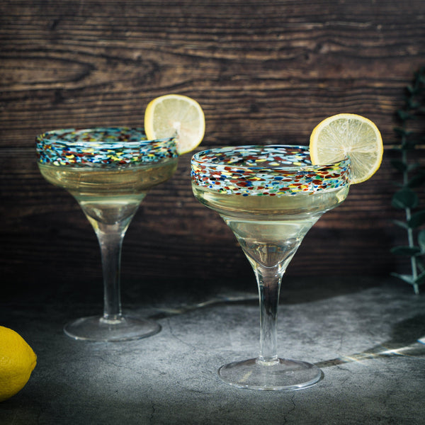The Wine Savant Mexican Margarita Hand Blown Glass - Set of 4 - Large 16oz, Luxury Margarita Glasses, Mexico Design Large 16oz Confetti Rim Carmen Cinco de Mayo, Dishwasher Safe, Confetti Rock Decor