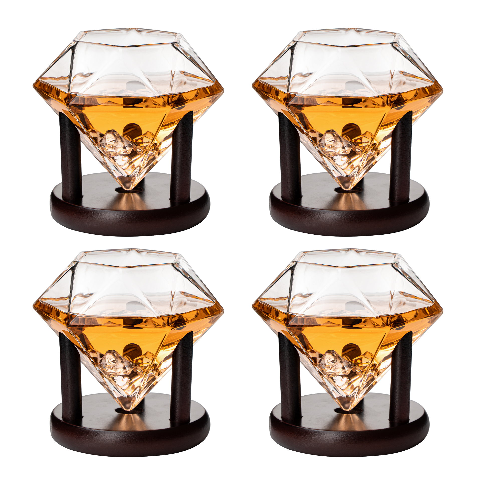 Four diamond-shaped glass drink holders with amber liquid on a white background