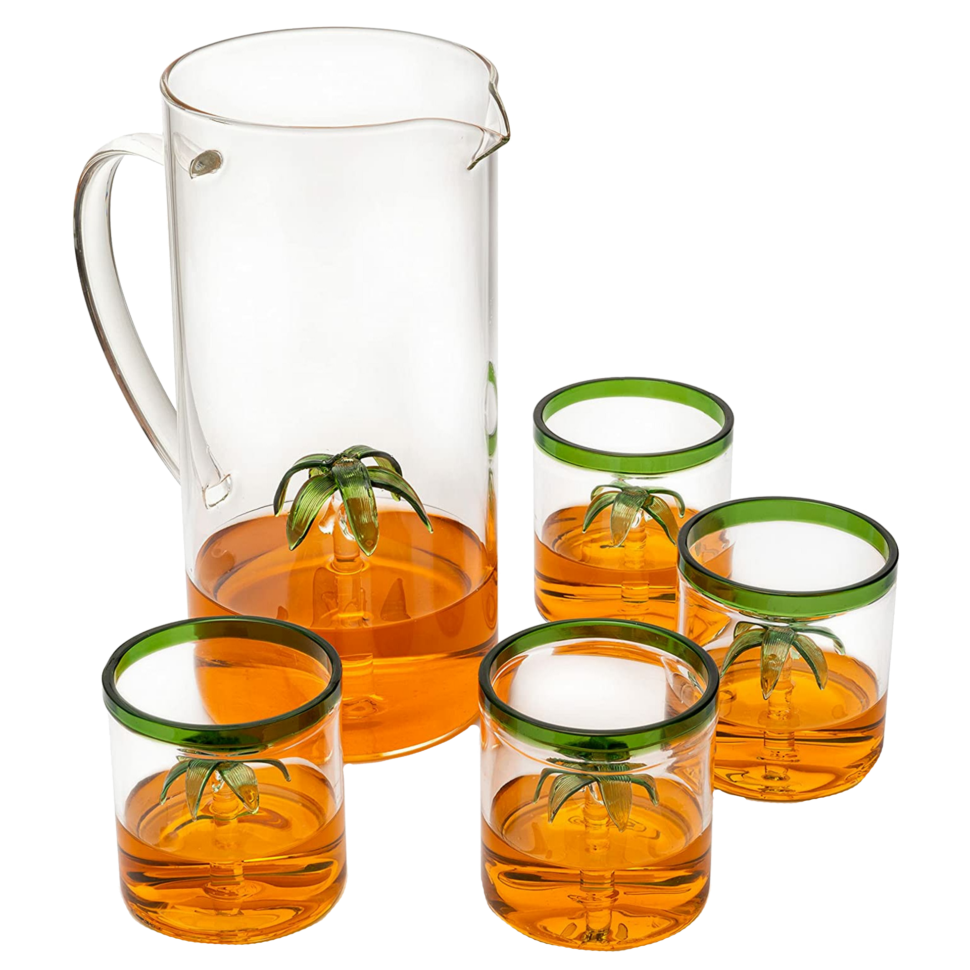 Palm Tree Pitcher & 4 Glasses Set Decanter with 4 Glasses 9oz by The Wine Savant - Elegant Glass Set, Great for Water Iced Tea, Sangria, Lemonade, and More! 1300ml 9