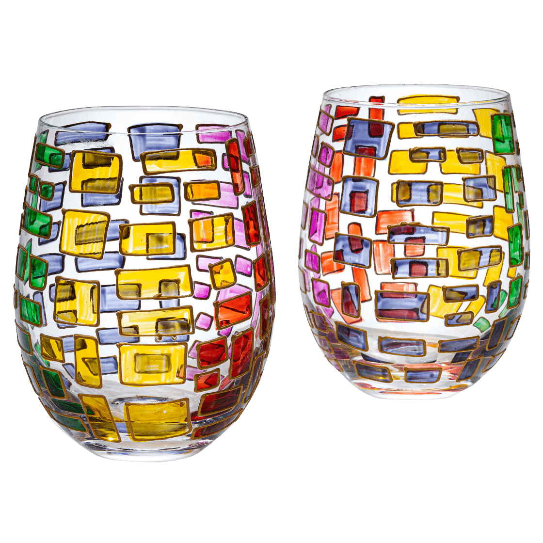 Two colorful stemless wine glasses with geometric pattern on a white background