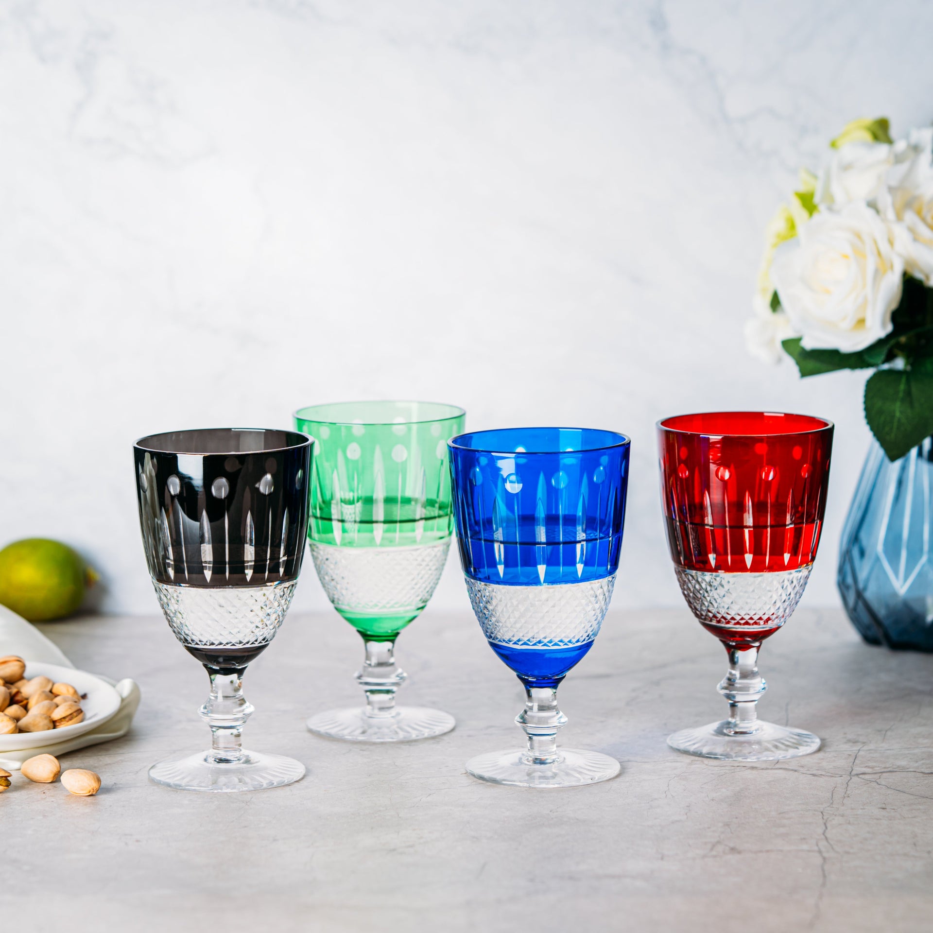 The Wine Savant Crystal Italian Multicolor Design Cups -Set of 4 Short Chalice Glasses 8oz 5.7