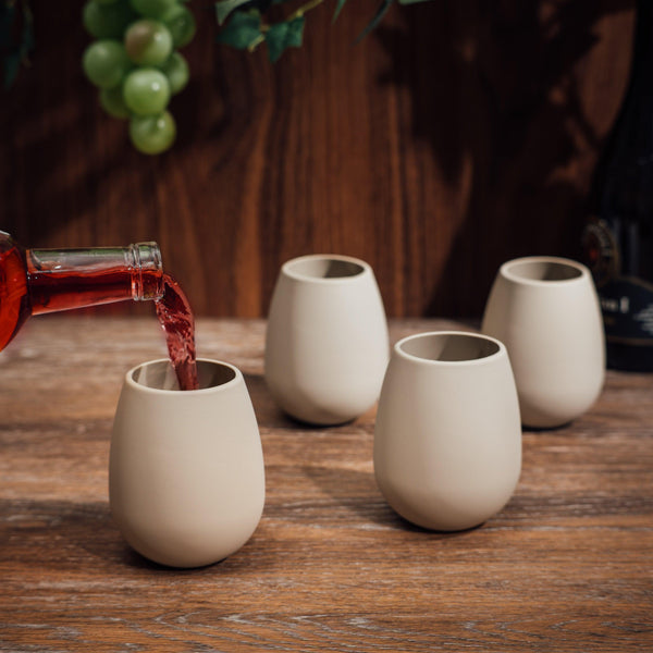 Unbreakable Silicone Stemless Wine Glassware | Set of 4 | Reusable & Shatterproof Tumbler Drinkware for Wine, Water, Cocktails, Champagne Glass for Parties, Camping, Beaches, Boats - (Tan)