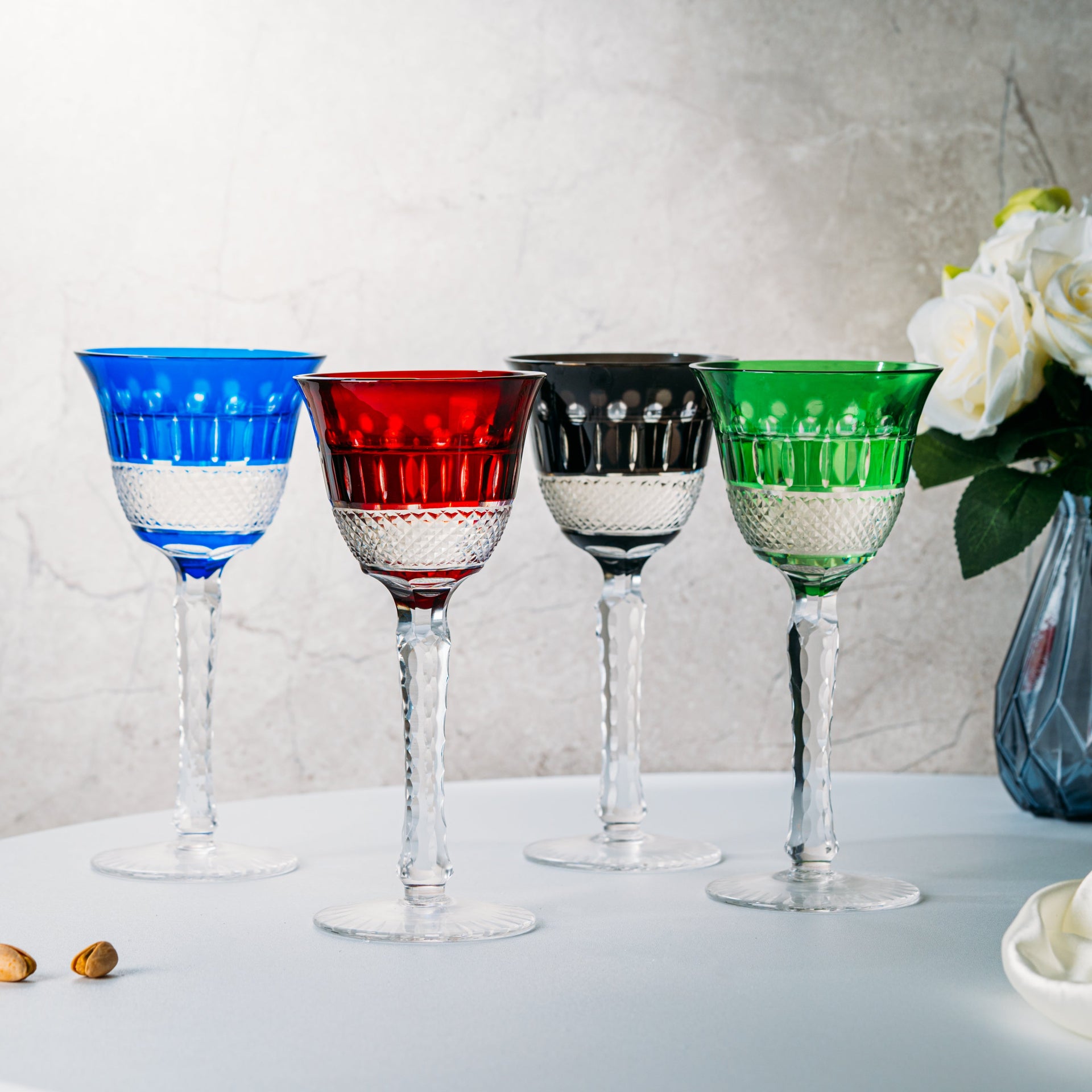 The Wine Savant Crystal Italian Multicolor Design Glasses -Set of 4 Tall Wine Glasses 6.7oz 7.7