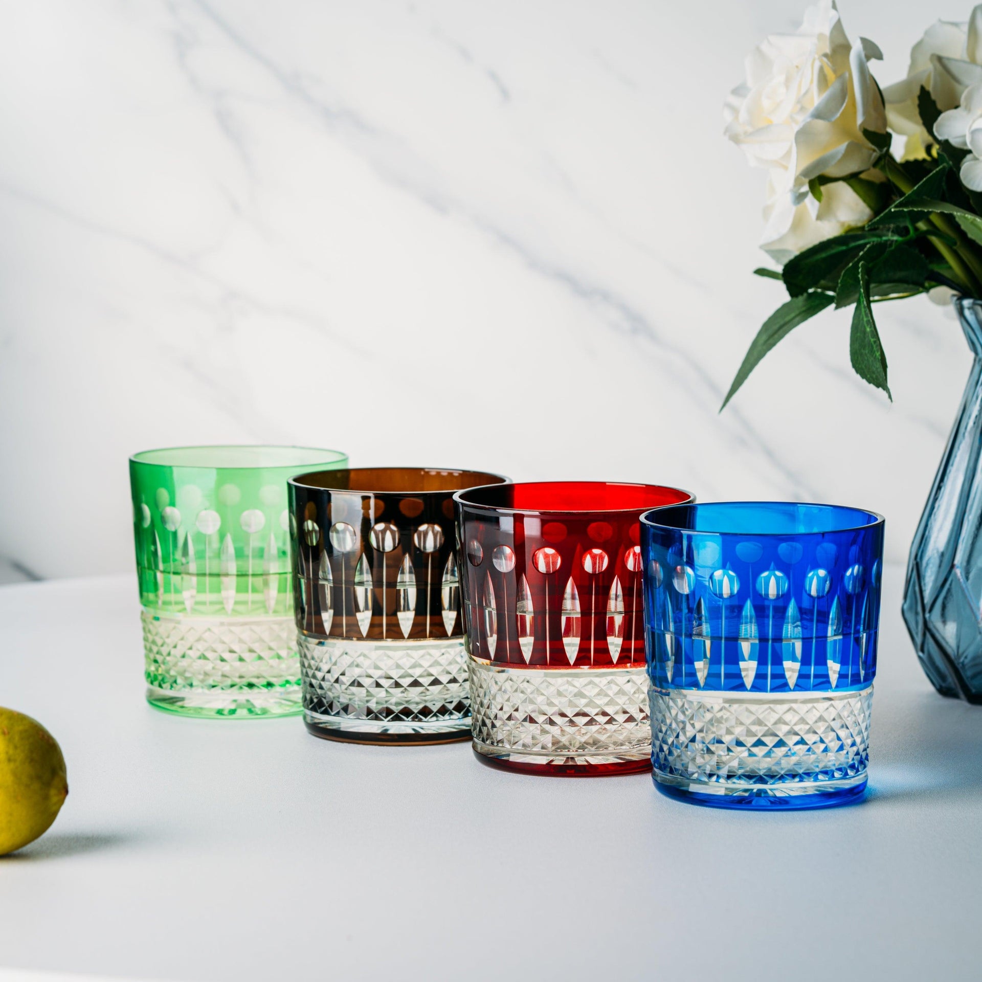 The Wine Savant Crystal Italian Multicolor Design Cups -Set of 4 Whiskey Glasses 8oz 3.5