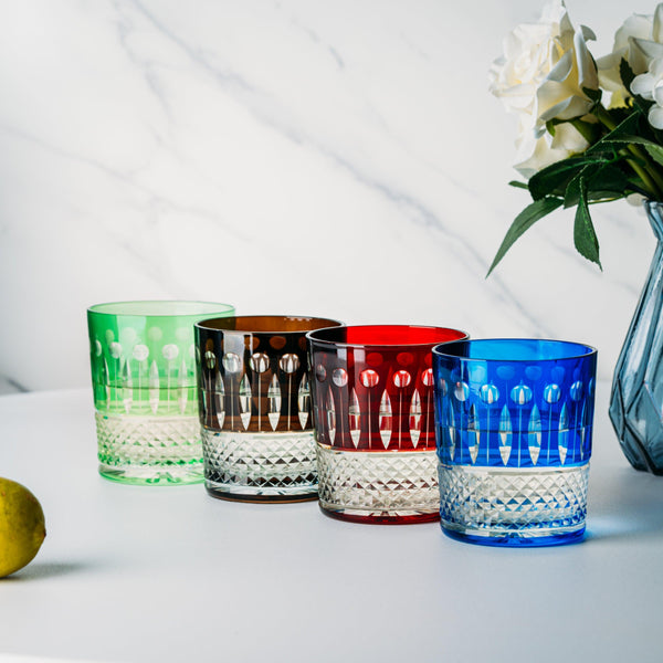 The Wine Savant Crystal Italian Multicolor Design Cups -Set of 4 Whiskey Glasses 8oz 3.5