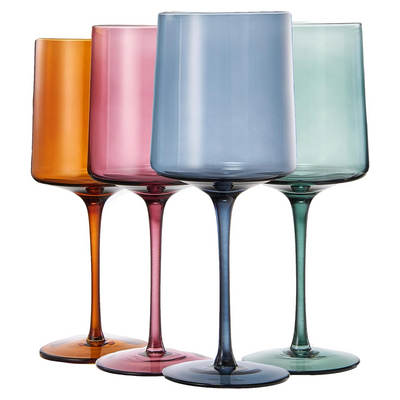 Muted Colored Square Crystal Wine Glasses Set of 4, Gift For Her, Him, Wife, Friend - Large 13.5 oz, Italian Style Tall Drinkware - Red & White, Dinner, Color Beautiful Glassware, Stemmed Glass