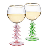 Crystal Christmas Holiday Tree Stemmed Wine Glass - Pink & Green - 12oz Goblet Bordeaux Gold Rim Colored Glassware, Cheerful Party Festive New Years Cheer for Holiday Gift Xmas & Winter Season