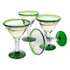 Mexican Hand Blown Martini & Margarita Glasses - Green Rim Detailed - Set of 4-10oz - Carmen Cinco de Mayo - Luxury Mexican Glassware Thick, Juice & Cocktail For Holidays & Celebration Confetti