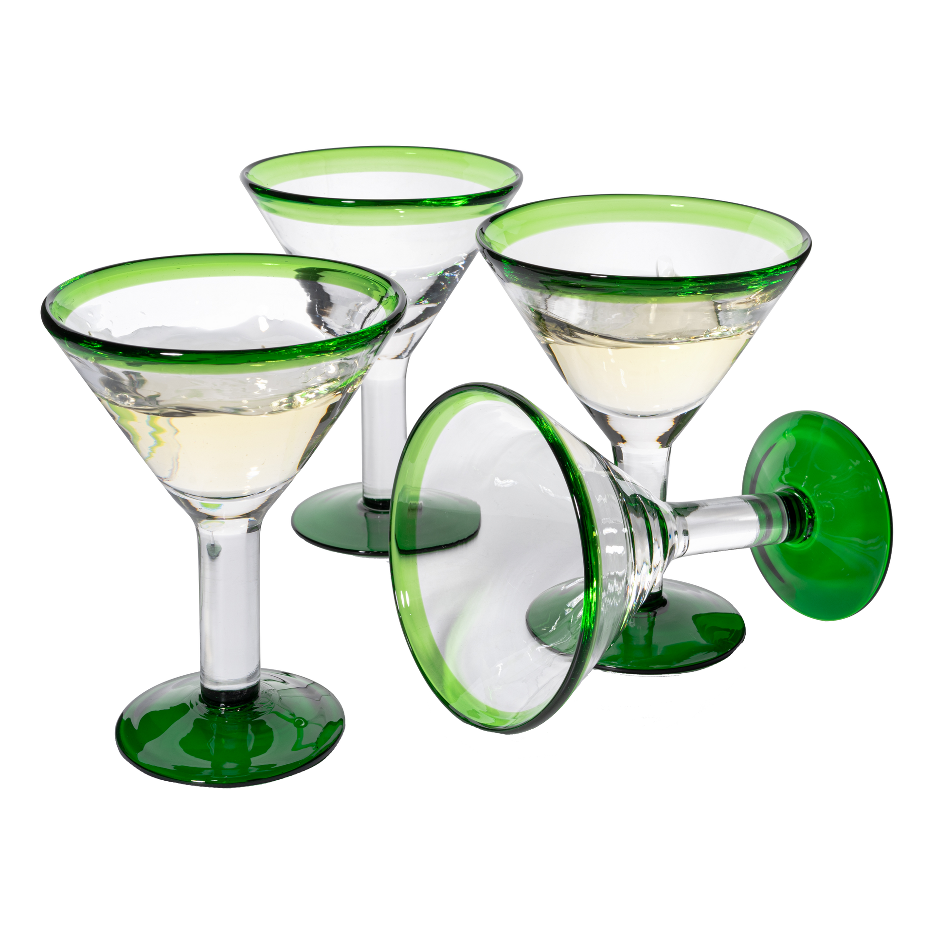 Mexican Hand Blown Martini & Margarita Glasses - Green Rim Detailed - Set of 4-10oz - Carmen Cinco de Mayo - Luxury Mexican Glassware Thick, Juice & Cocktail For Holidays & Celebration Confetti