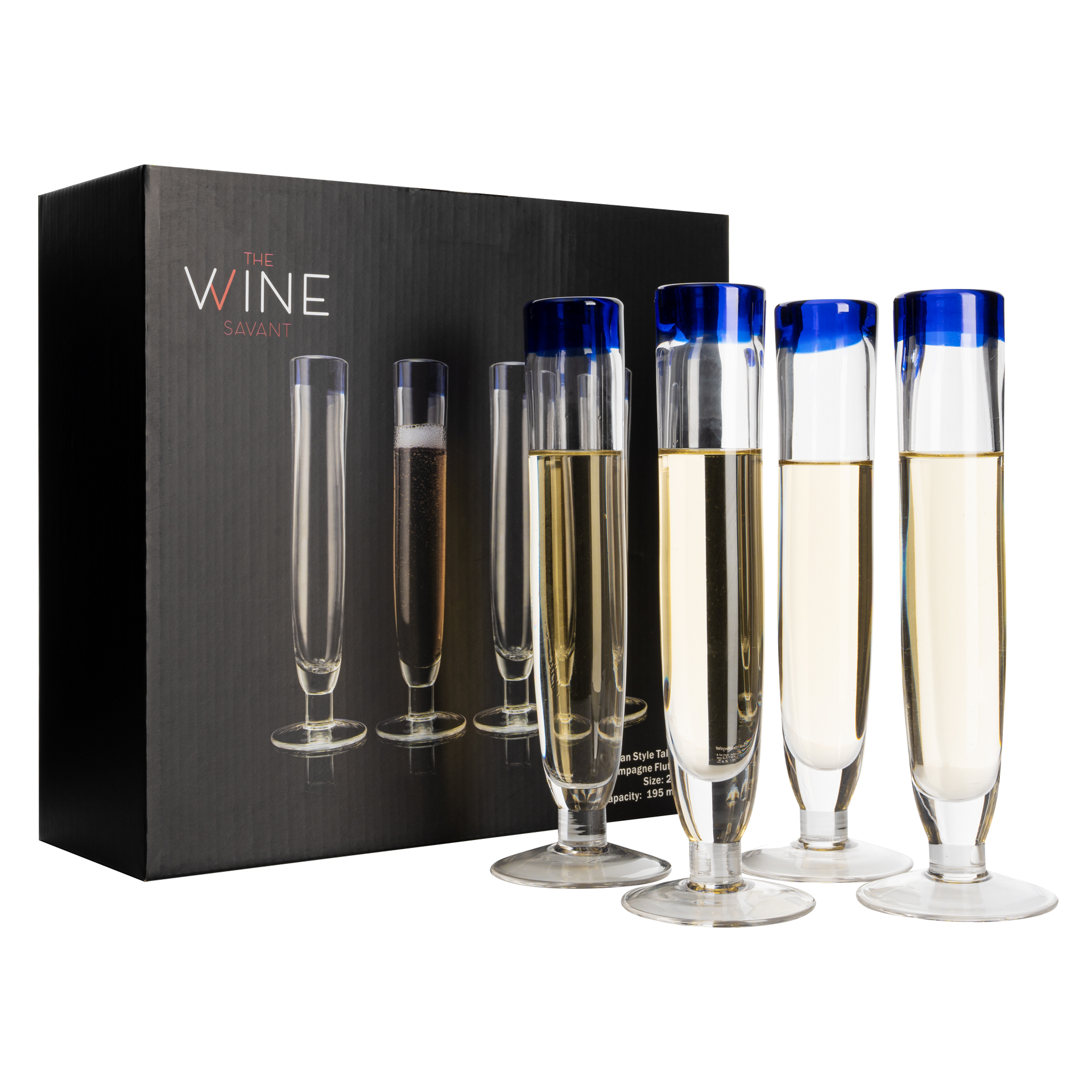 Tall Recycled Champagne Flutes - Set of 4 - Mexican Hand Blown Cobalt Blue Rim Flute – Luxury Mexican Thick Glassware 7oz, Juice & Cocktail Drinking Glass Holiday Celebration, Weddings, Anniversary