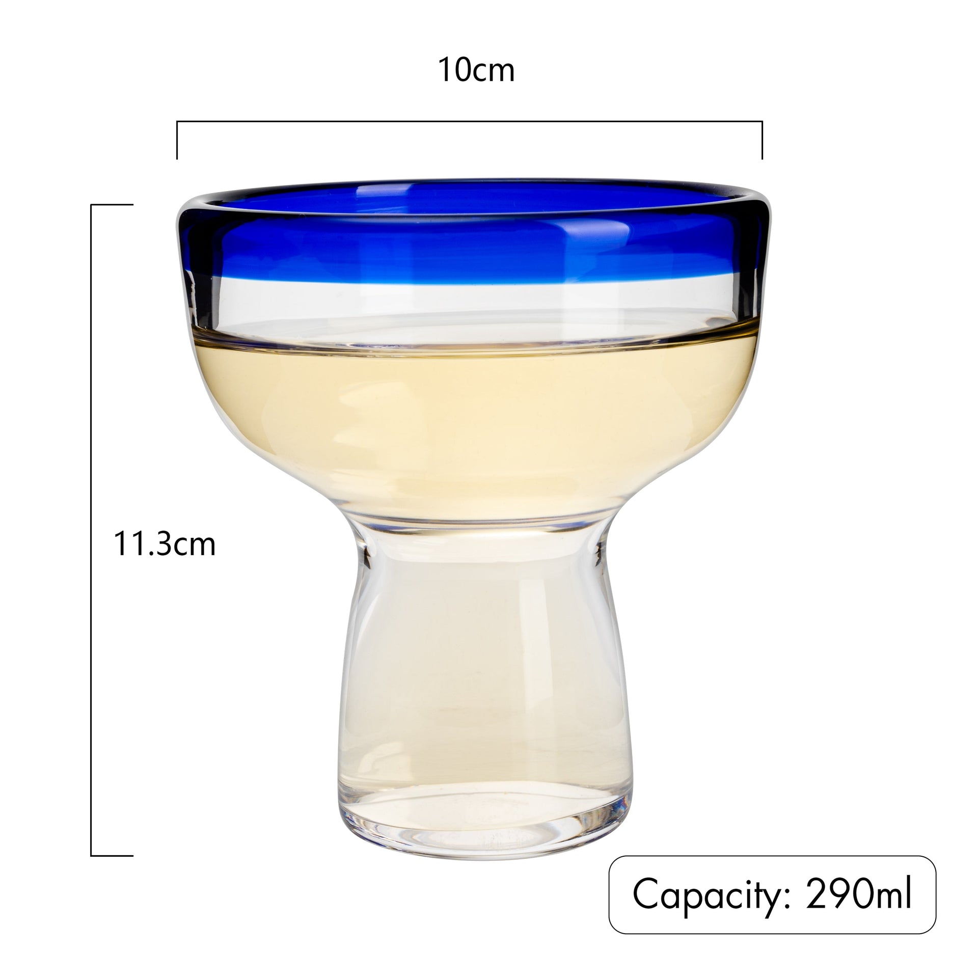 Mexican Hand Blown Blue Rim Margarita Glasses - Set of 4 - Stemless Glass Luxury Hand Blown Mexico Margarita, Martini & Champagne Glasses Cinco de Mayo Glass, Large Party Cobalt Mexico Blue Rim Design