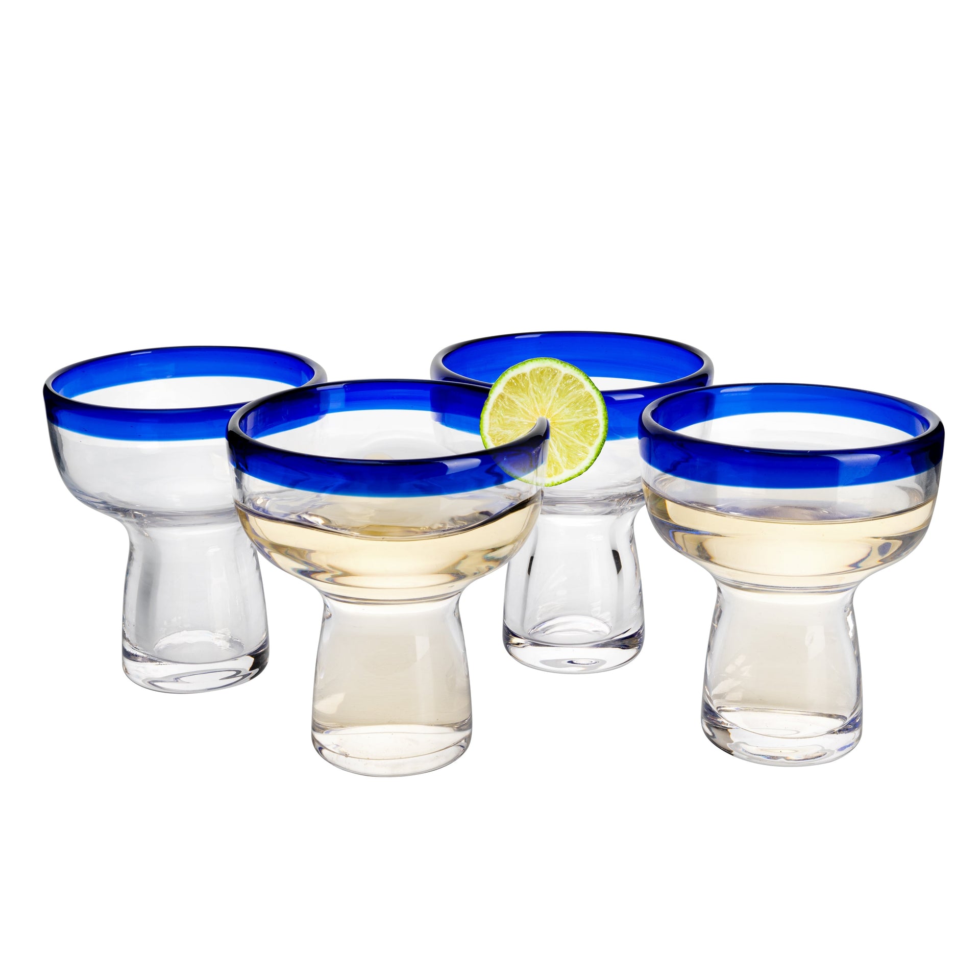 Mexican Hand Blown Blue Rim Margarita Glasses - Set of 4 - Stemless Glass Luxury Hand Blown Mexico Margarita, Martini & Champagne Glasses Cinco de Mayo Glass, Large Party Cobalt Mexico Blue Rim Design