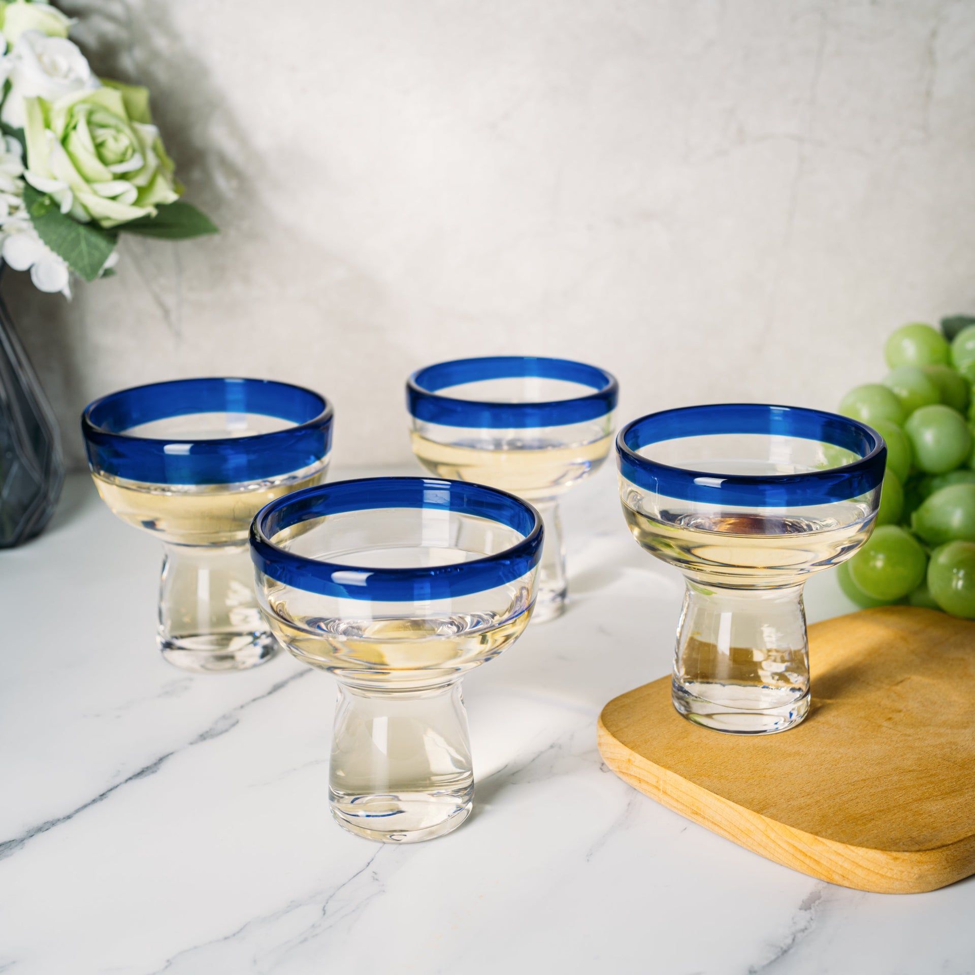 Mexican Hand Blown Blue Rim Margarita Glasses - Set of 4 - Stemless Glass Luxury Hand Blown Mexico Margarita, Martini & Champagne Glasses Cinco de Mayo Glass, Large Party Cobalt Mexico Blue Rim Design