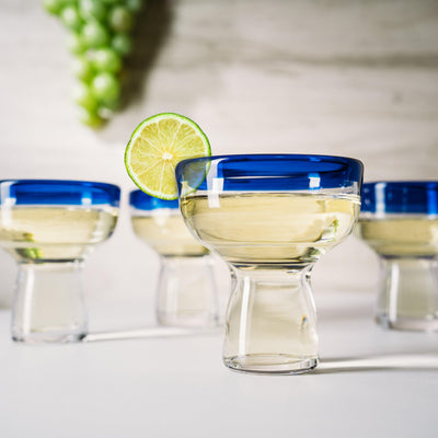 Mexican Hand Blown Blue Rim Margarita Glasses - Set of 4 - Stemless Glass Luxury Hand Blown Mexico Margarita, Martini & Champagne Glasses Cinco de Mayo Glass, Large Party Cobalt Mexico Blue Rim Design