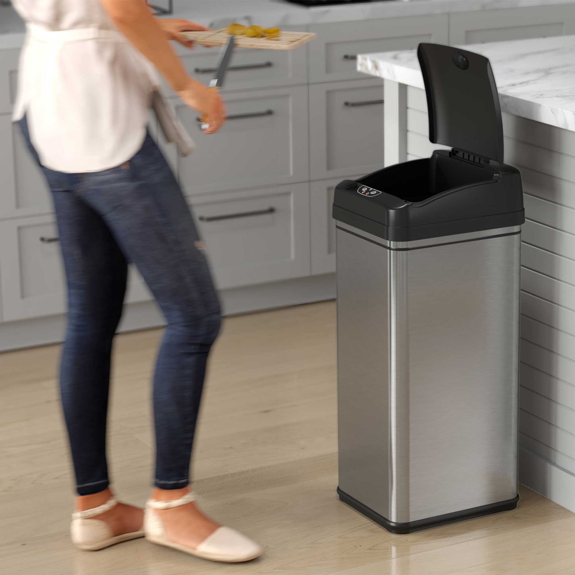 13 Gallon Self-Contained Electric-Motor Sensor Kitchen Trash Can with AC Power Adapter and AbsorbX