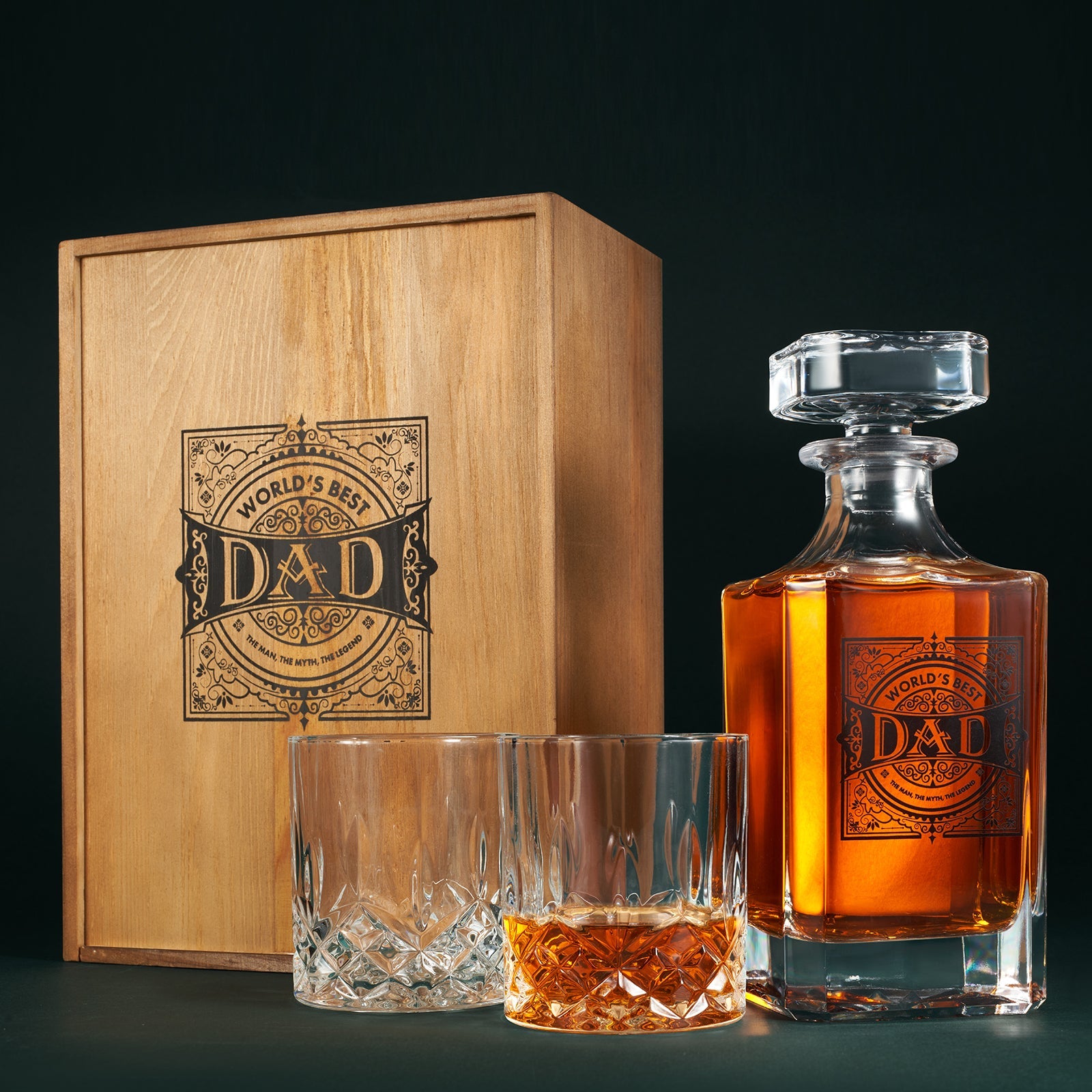 Gift for Dad Whiskey Decanter Gift Set | 730mL Decanter 2 Whiskey Glass | Father's Day, Birthday, Housewarming Gift for Your Loved One, Men, Dad, Him, Beautiful Wooden Gift Box
