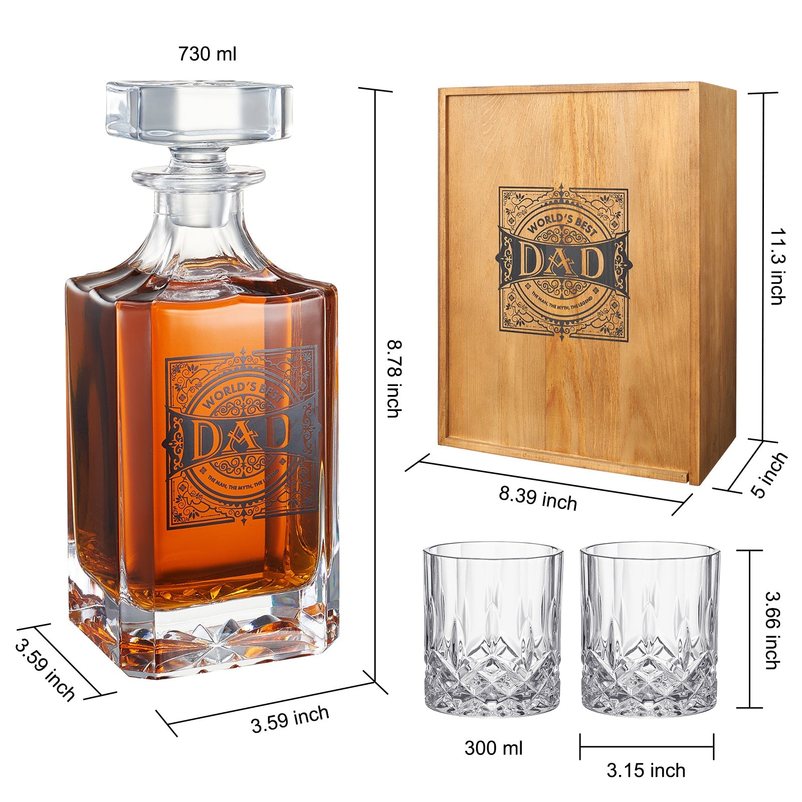 Gift for Dad Whiskey Decanter Gift Set | 730mL Decanter 2 Whiskey Glass | Father's Day, Birthday, Housewarming Gift for Your Loved One, Men, Dad, Him, Beautiful Wooden Gift Box