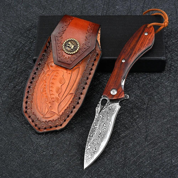 Meteor Engraved Damascus Steel Pocket Knife with Exotic Red Sandal Wood Handle - Gifts for You 'n Me